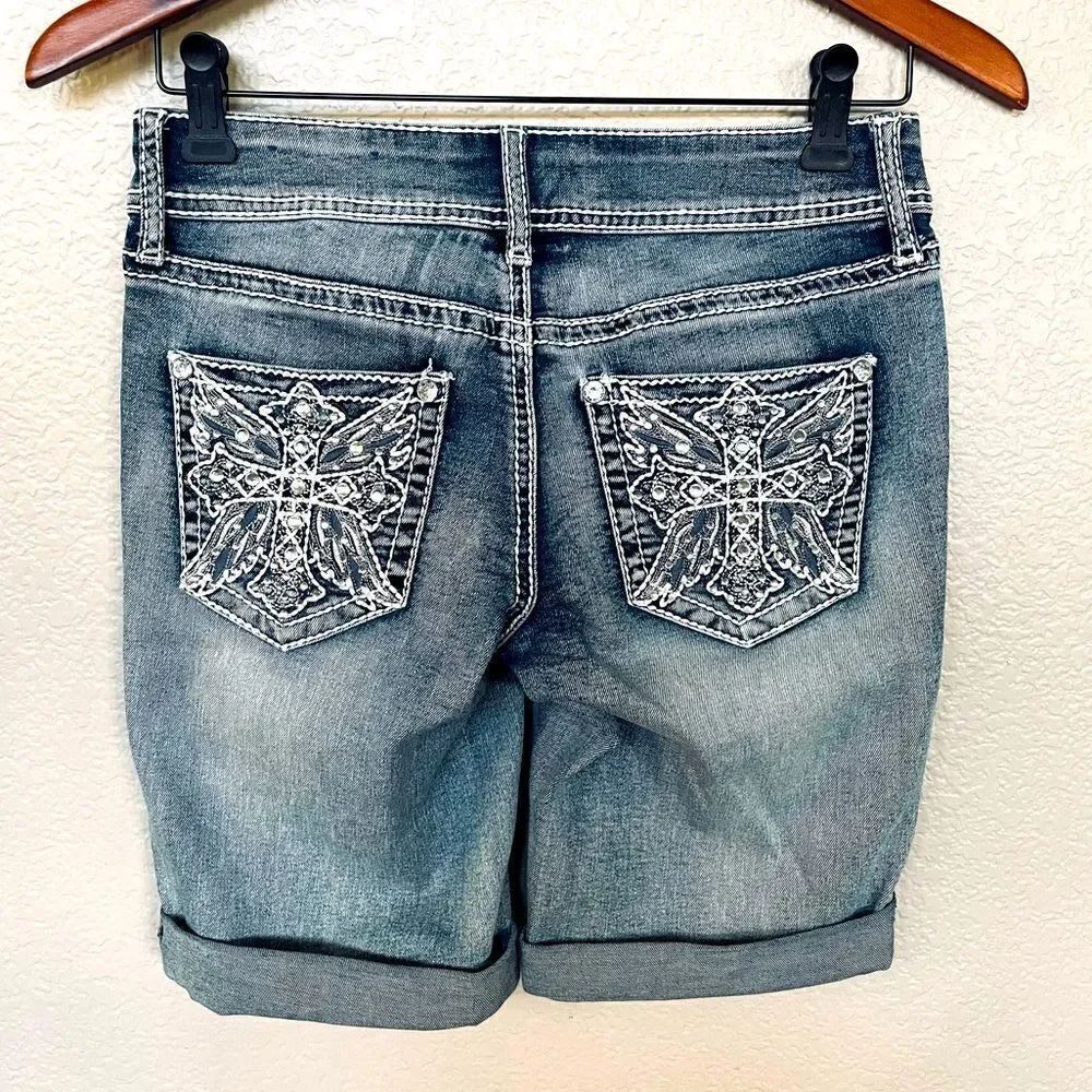 Apt. 9 Denim Bling Embellished Pocket Bermuda Jean Shorts 0